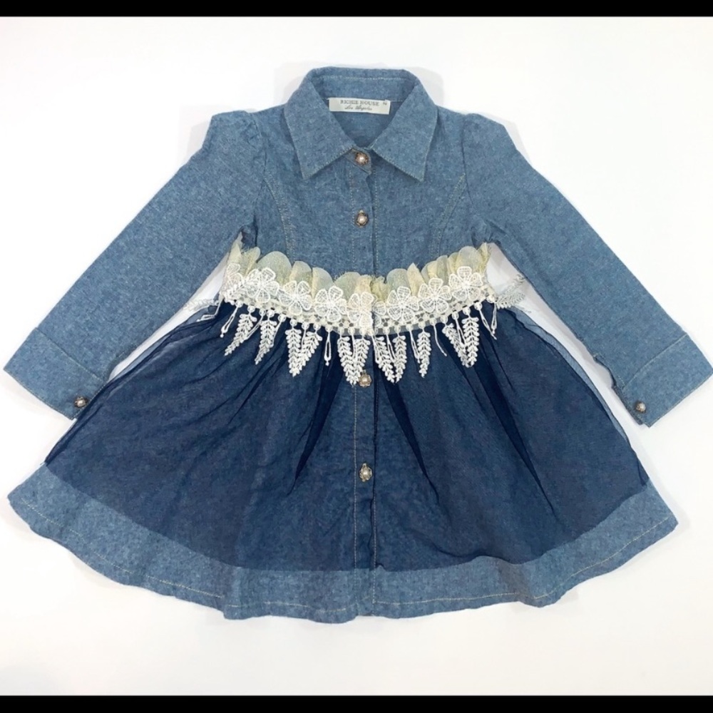 Richie House 6-9 Mo Blue Denim Lace Shirt Dress